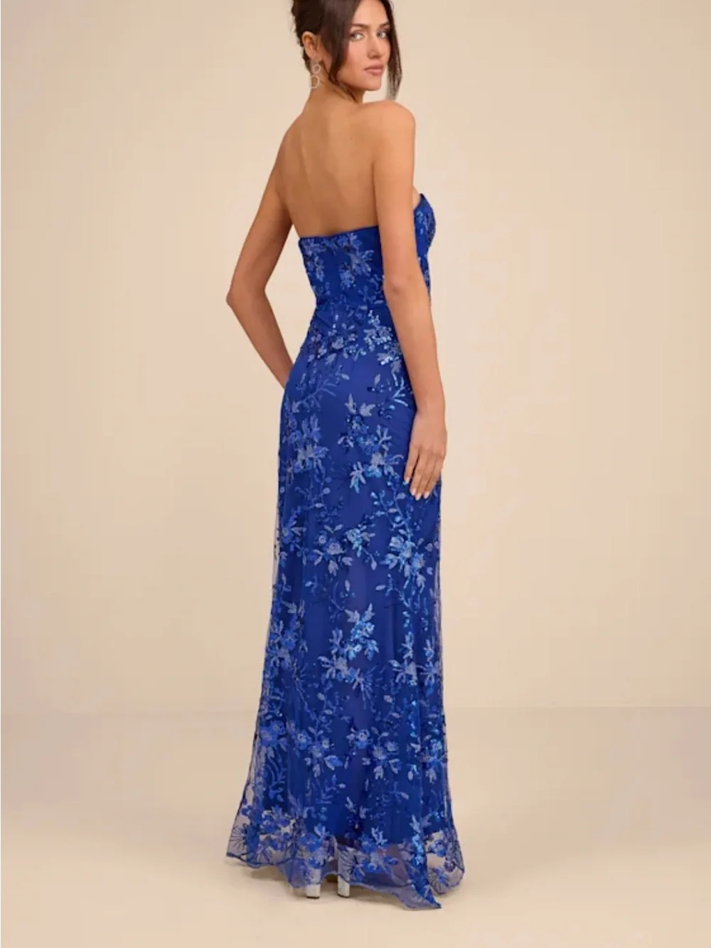 Lulu's Royal Blue Strapless Sequin Floral Gown